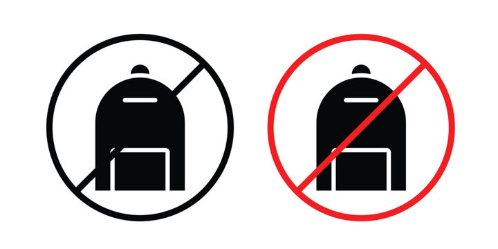 No backpacks allowed sign collection. Thin linear outline icon pack