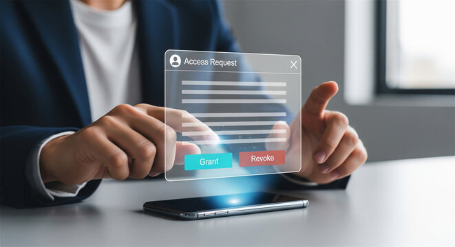 Digital access request interface on smartphone, businessman managing security permissions, holographic data privacy and authentication screen