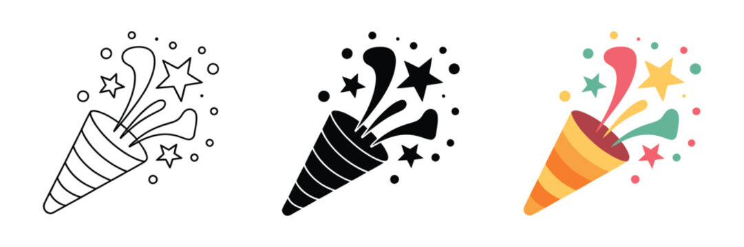 Party popper explosion icon collection in flat design with confetti, firecracker, and celebration symbols for festive concepts.