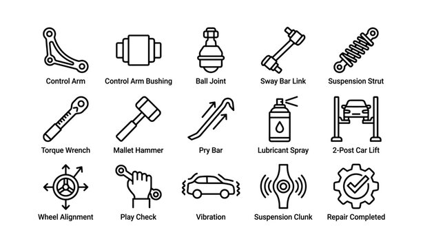 Automotive suspension and workshop tool icons shown in grid
