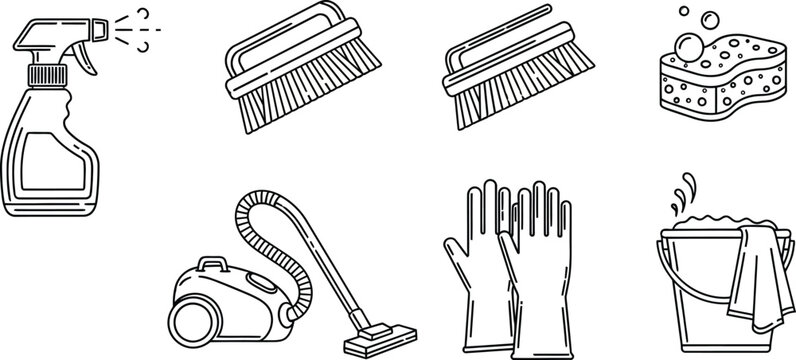 Cleaning supplies and tools set, line spray bottle brushes sponge