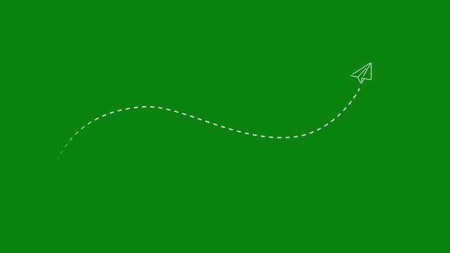Paper airplane flight path animation on green screen background, dashed line travel motion graphic overlay for navigation, delivery, communication and creative video editing