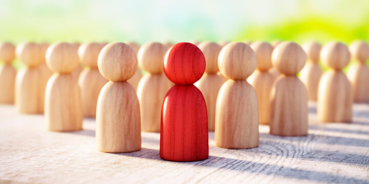 A Group of Wooden Figurines Arranged on a wooden Surface with One red in Focus and Others Blurred - Concept of Unity and Individuality - 3D illustration