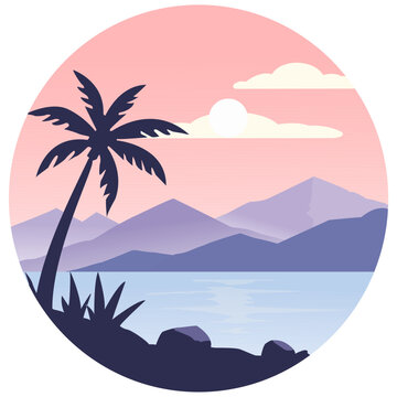 Minimalist tropical sunset illustration featuring palm silhouettes, purple mountains, and a pink sky.