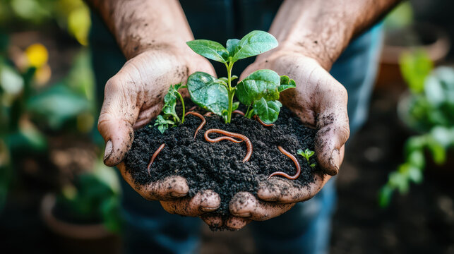 Close-up of dirty farmer hands holding dark fertile soil with live earthworms.