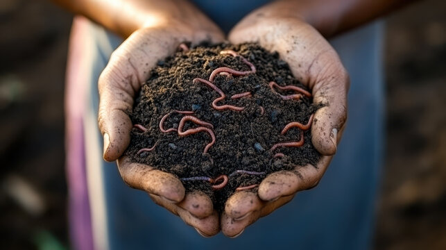 Close-up of dirty farmer hands holding dark fertile soil with live earthworms.