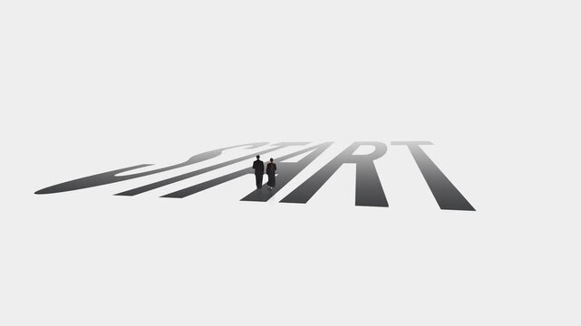 Miniature business people walking toward start word in stop motion animation. Concept of new project launch, first step, career beginning, startup planning and business motivation.