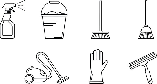 Cleaning supplies including spray bottle, trash can, brooms, vacuum, glove, and squeegee