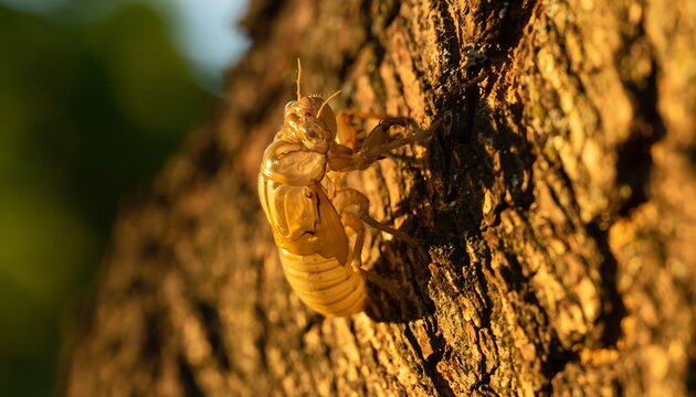 Golden Cicada Shell Exuviae on Tree Bark Under Warm Sunset Light