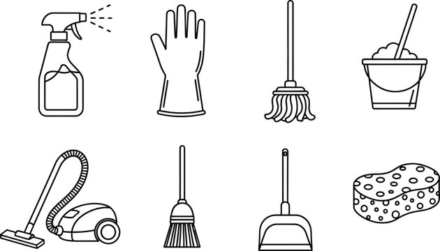 Cleaning supplies including spray bottle, glove, broom, bucket, vacuum, brush, dustpan, and sponge