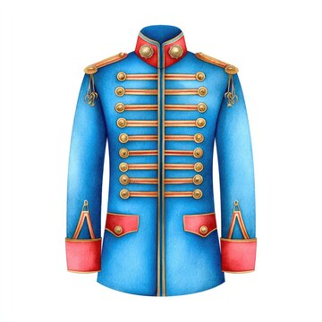 Blue and red military-style jacket with gold buttons and epaulettes on white background