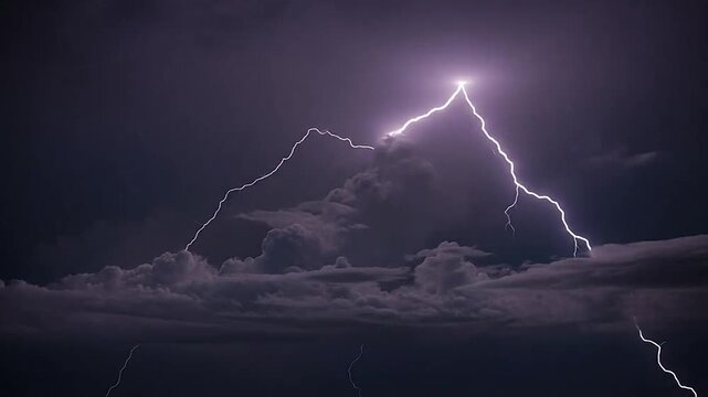 A dramatic display of lightning strikes across a dark, cloudy and stormy sky