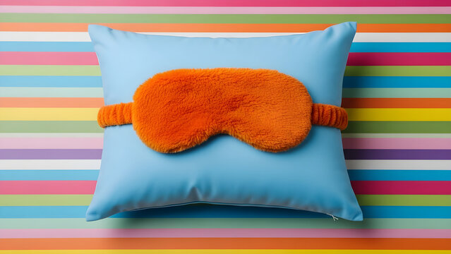 A serene scene featuring a sleep mask on a pillow against a striped background