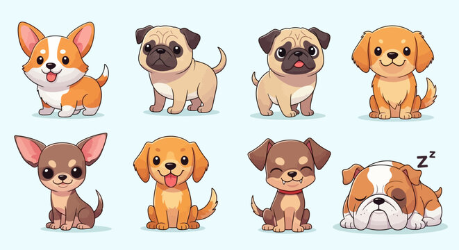 Cute cartoon puppies of various breeds on light blue background