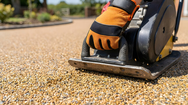 plate compactor for resin driveway | compacting gravel for patio installation | professional landscaping tools in use | resin bound surfacing construction