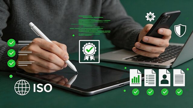 ISO certification and quality standard compliance concept showing digital checklist, security shield, and verification icons on tablet and laptop screens for global business