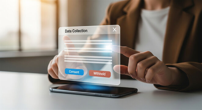 Data collection digital interface with consent and withdraw buttons, futuristic privacy management on smartphone, secure information processing