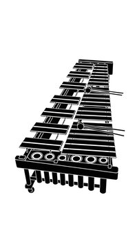 Black and white graphic of a vibraphone with mallets