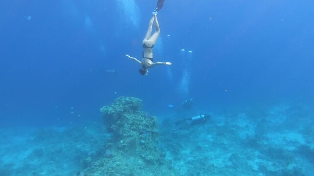 Diver glides through deep, calm ocean waters. Sunlight filters gently, creating soft underwater beams. Coral reef lies below, textured and colorful. Diver moves with calm focus