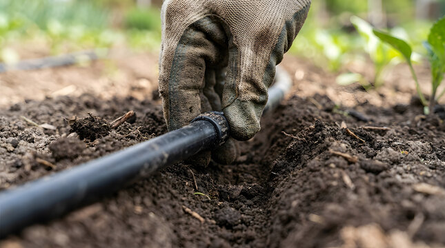 installing drip irrigation system in garden | hand in work glove adjusting water pipe | sustainable agriculture watering techniques | efficient backyard garden irrigation setup