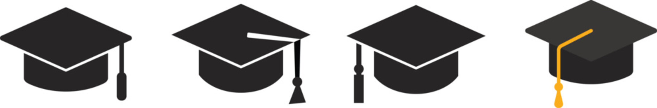 Graduation Caps in Silhouette with Tassels on White Background Representing Academic Achievement and Success
