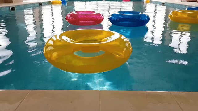 Colorful inflatable rings floating in a refreshing swimming pool on a sunny day.