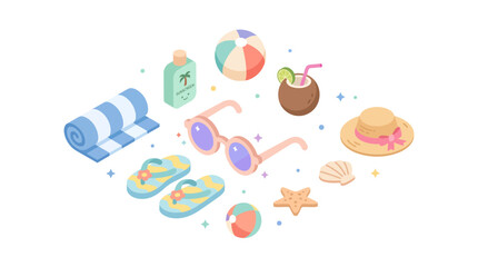 Fototapeta premium Cute Kawaii Summer Beach Elements Isometric Vector Illustration Set