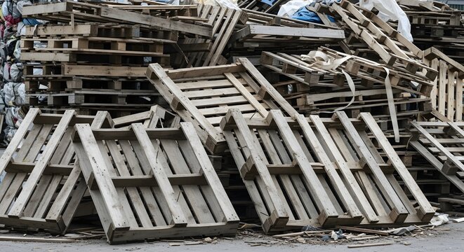 Large Pile of Discarded Wooden Pallets Stacked in an Industrial Recycling Yard, Symbolizing Waste Management, Logistics, and Sustainability Efforts for Reuse and Environmental Responsibility