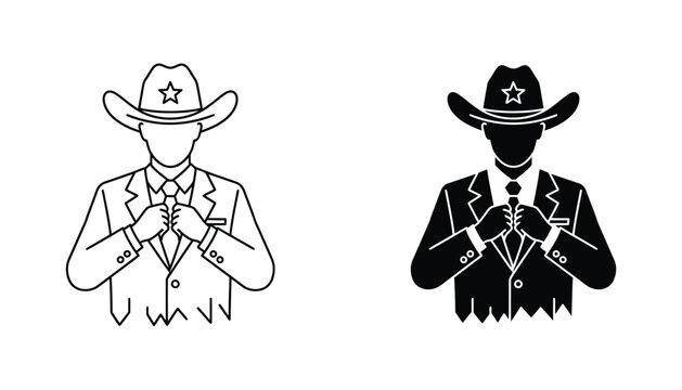 Cowboy businessman adjusting tie vector icon set in outline and solid black styles for professional western theme design