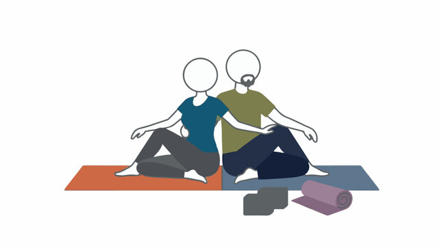 Couple practicing yoga back to back on exercise mats