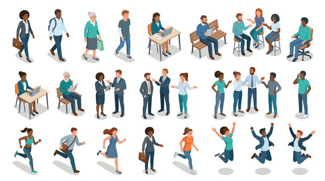 isometric, character, people, person, diverse, multicultural, business, work, office, meeting, communication, interaction, walking, running, sitting, jumping, celebrating, talking, working, casual, pr
