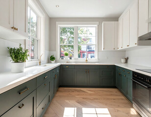 Fototapeta premium Modern kitchen with dark green cabinets and white countertops bathed in sunlight