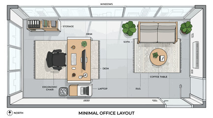 Obraz premium Minimalist office interior layout top view with desk, ergonomic chair, sofa, and storage modern home or private office design plan for productive work environment and professional decor