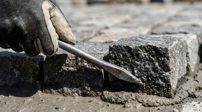 Professional granite sett paving installation | Landscaping worker laying stone cobbles | Close up of masonry tool used for paving | Hardscape construction with natural stone