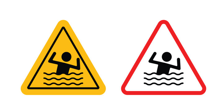Risk of drowning warning sign collection. Thin linear outline icon pack