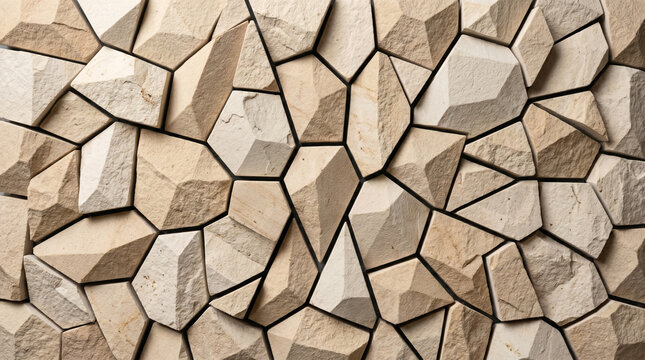 Geometric 3D stone wall texture, beige sandstone mosaic background, abstract polygonal rock tiles for architectural interior design and luxury decor