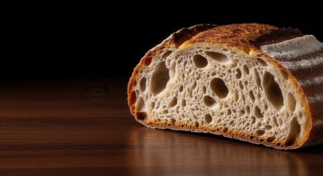 Close Up Of A Rustic Sourdough Bread Loaf With Open Crumb Structure