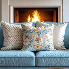 Fototapeta premium Cozy living room scene with decorative pillows and a warm fireplace glow