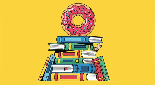 Colorful stack of books with a donut on top