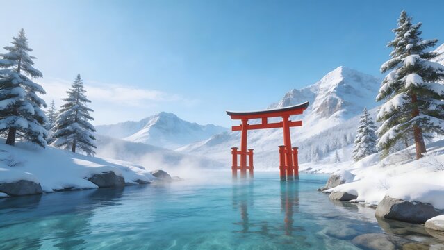 Snowy Torii Gate by Mountain Stream