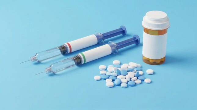 Medical Syringes Pills And Drug Bottle On A Clean Blue Background Surface