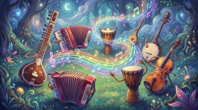 Magical forest scene with dancing traditional musical instruments from around the world playing rainbow music