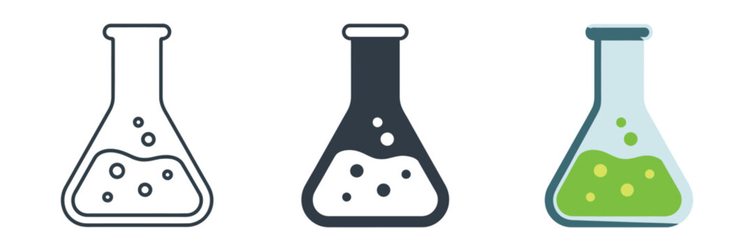 Laboratory beaker icon set in flat style featuring flask with liquid vector illustration for science and pharmacy concepts.