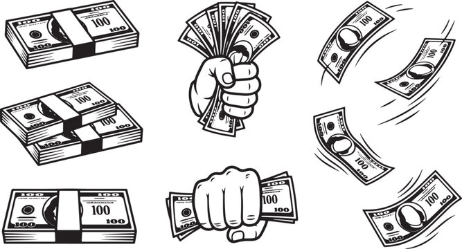 Money cash dollar bills stacks hand holding and falling vector illustration set