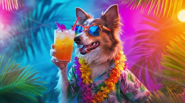 Happy dog in sunglasses and hawaiian shirt holding a cocktail on a tropical beach. Fun animal wearing a floral lei enjoying a vibrant neon summer vacation.
