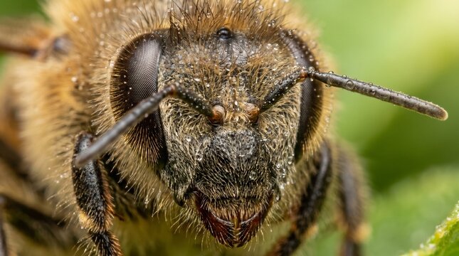 Extreme macro portrait photography of a honey bee head showing intricate details of eyes and antennae