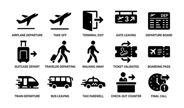 Airport departure icons showing leaving procedures and transport