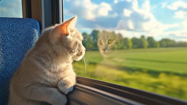 Kitten looking out train window at nature view. Curious grey cat observing landscape while traveling. Pet adventure and transportation concept.