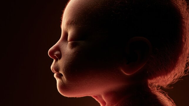Human fetus at 34 weeks is shown in a floating profile view. The scene has warm lighting and dark background with textural detail on skin.