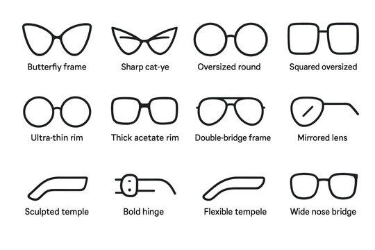 Designer Eyewear Icons. Designer eyewear silhouettes. Line outline icon set of designer eyewear silhouettes: